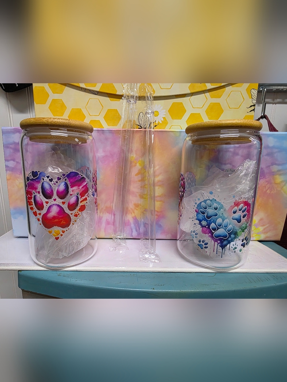 2 Hand Crafted Heart Paw Glass Tumblers